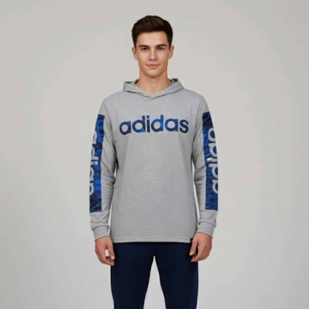 Adidas Linear Hooded Shirt Long Sleeve Youth Size XL 18/20 Grey With Blue Logos